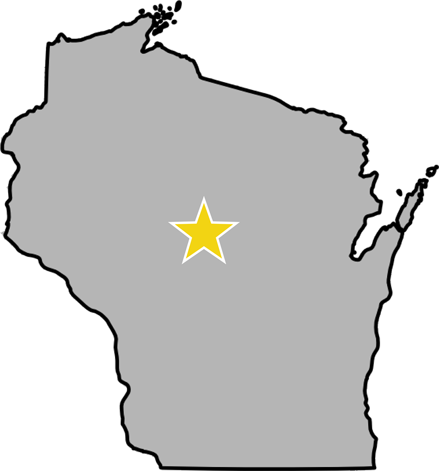 Map of Wisconsin with a highlighted location in Central Wisconsin