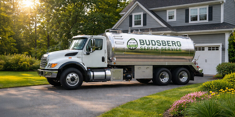 Budsberg Septic Service truck parked at a residential home in Central Wisconsin